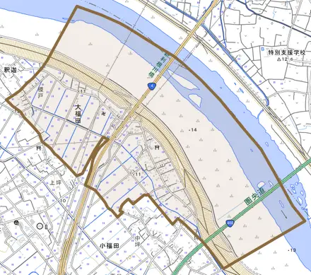 大字大福田とその周辺の地図。町の範囲を重ねている