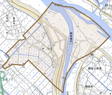 大字山王とその周辺の地図。町の範囲を重ねている