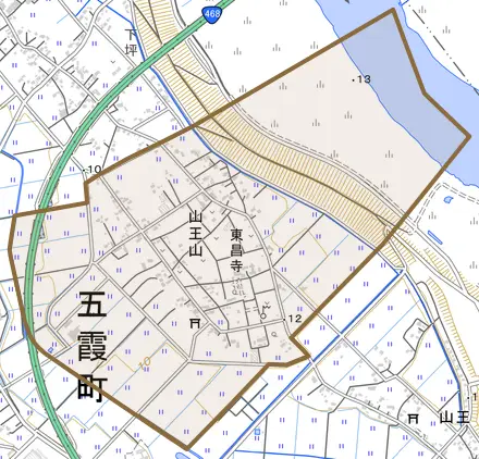 大字山王山とその周辺の地図。町の範囲を重ねている
