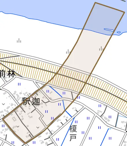 大字釈迦とその周辺の地図。町の範囲を重ねている
