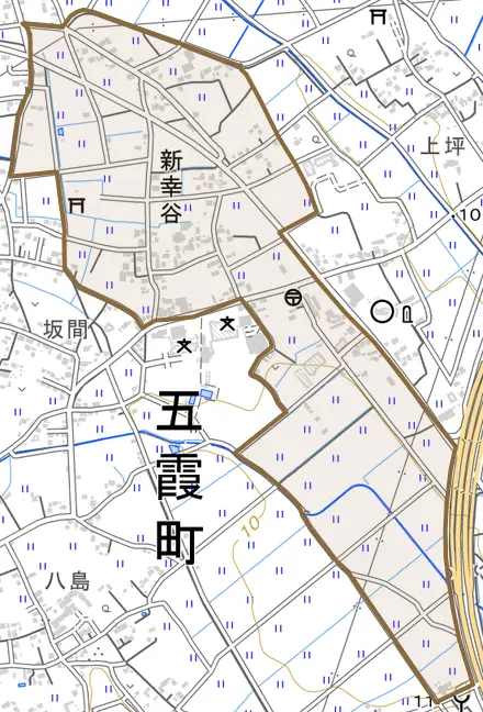 大字新幸谷とその周辺の地図。町の範囲を重ねている