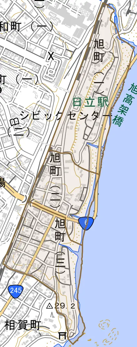 旭町とその周辺の地図。町の範囲を重ねている