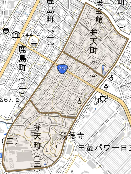 弁天町とその周辺の地図。町の範囲を重ねている
