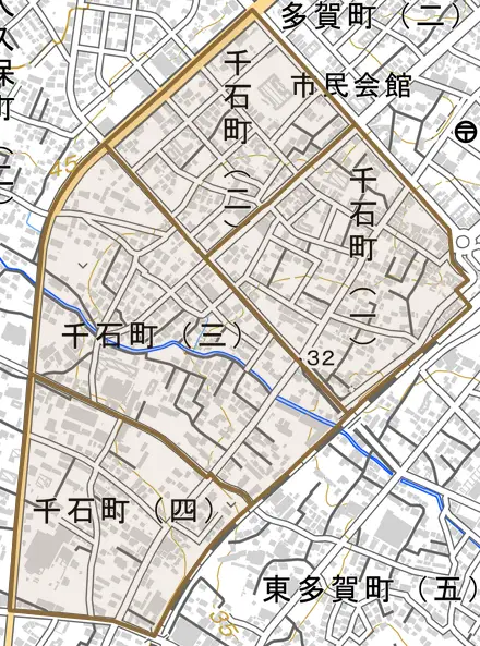 千石町とその周辺の地図。町の範囲を重ねている