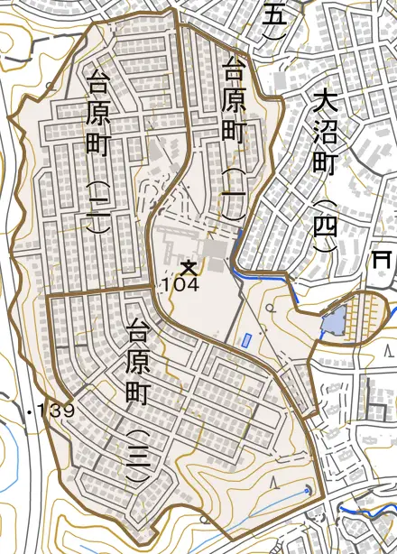 台原町とその周辺の地図。町の範囲を重ねている