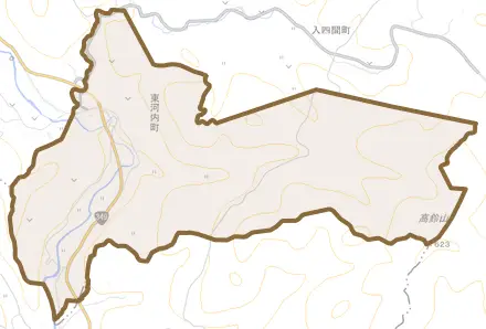 東河内町とその周辺の地図。町の範囲を重ねている