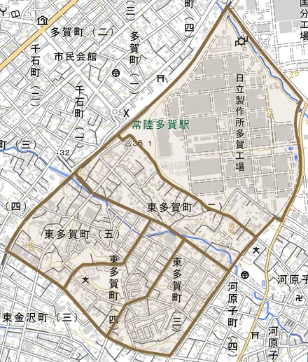 東多賀町とその周辺の地図。町の範囲を重ねている