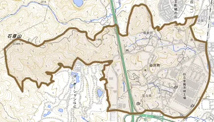 砂沢町とその周辺の地図。町の範囲を重ねている