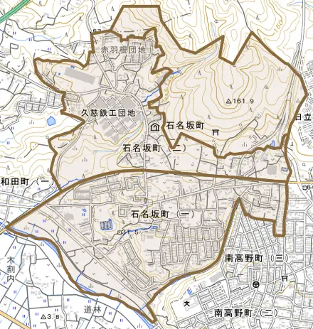 石名坂町とその周辺の地図。町の範囲を重ねている