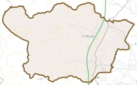 十王町山部とその周辺の地図。町の範囲を重ねている
