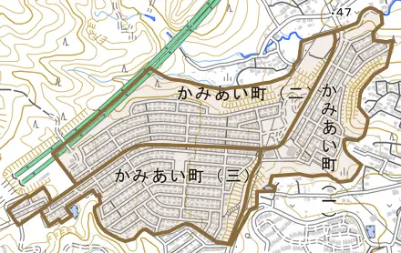 かみあい町とその周辺の地図。町の範囲を重ねている
