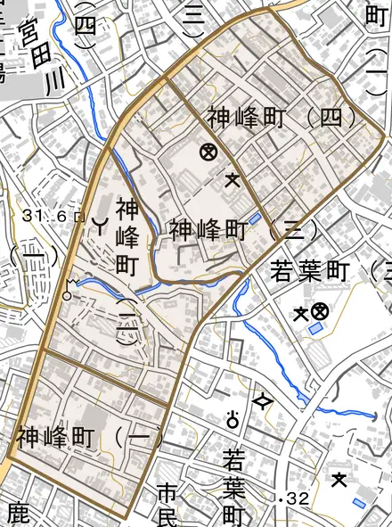 神峰町とその周辺の地図。町の範囲を重ねている