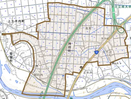 神田町とその周辺の地図。町の範囲を重ねている