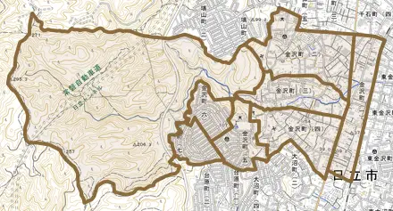 金沢町とその周辺の地図。町の範囲を重ねている