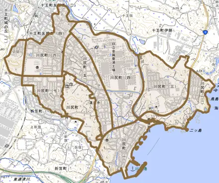 川尻町とその周辺の地図。町の範囲を重ねている