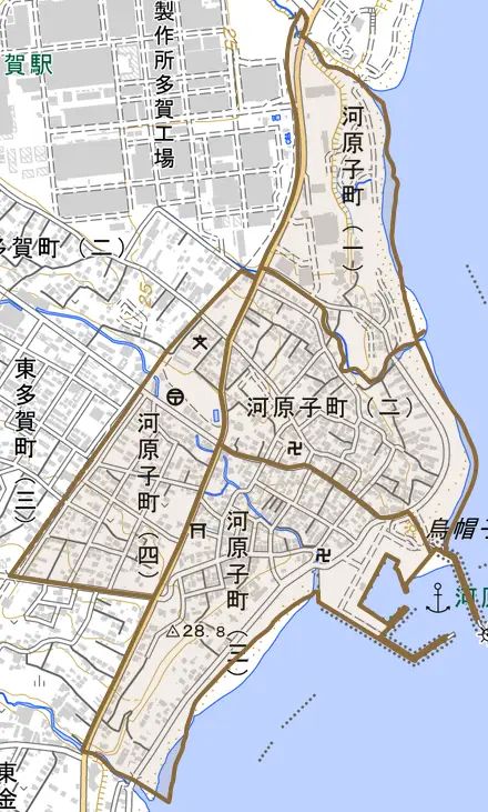 河原子町とその周辺の地図。町の範囲を重ねている