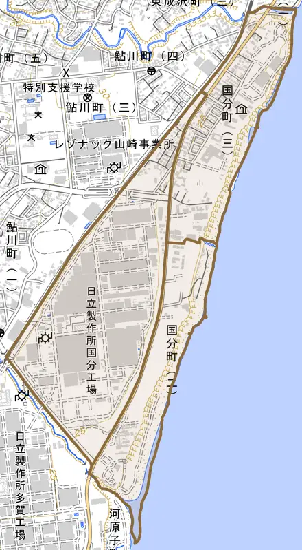 国分町とその周辺の地図。町の範囲を重ねている