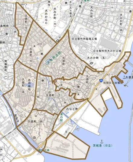 久慈町とその周辺の地図。町の範囲を重ねている