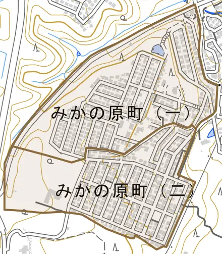 みかの原町とその周辺の地図。町の範囲を重ねている