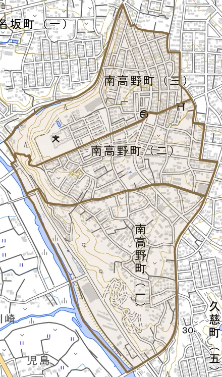南高野町とその周辺の地図。町の範囲を重ねている