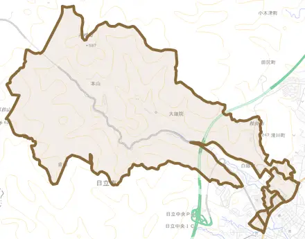 宮田町とその周辺の地図。町の範囲を重ねている
