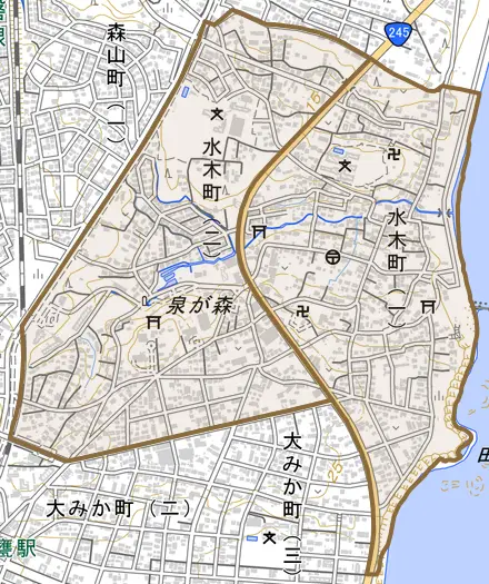 水木町とその周辺の地図。町の範囲を重ねている