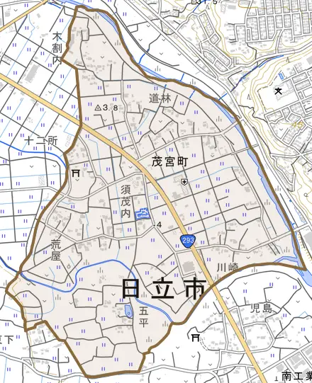 茂宮町とその周辺の地図。町の範囲を重ねている