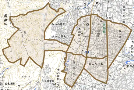 森山町とその周辺の地図。町の範囲を重ねている