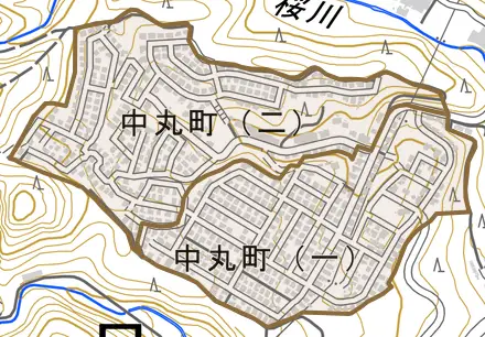 中丸町とその周辺の地図。町の範囲を重ねている