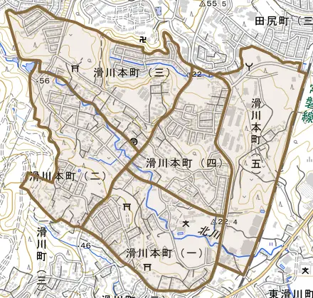 滑川本町とその周辺の地図。町の範囲を重ねている