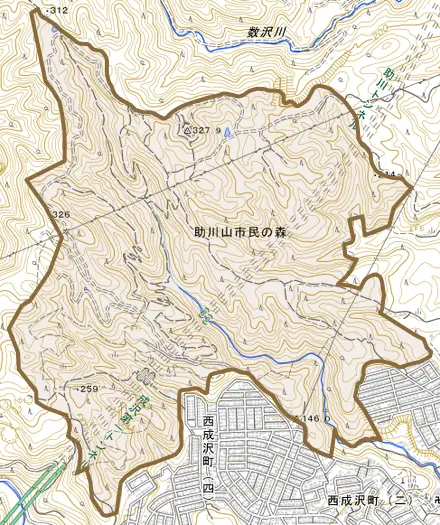 成沢町とその周辺の地図。町の範囲を重ねている