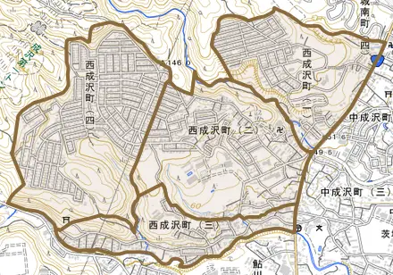 西成沢町とその周辺の地図。町の範囲を重ねている