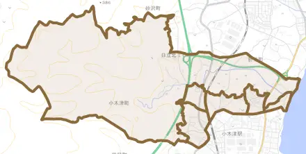 小木津町とその周辺の地図。町の範囲を重ねている