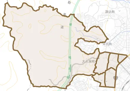 大久保町とその周辺の地図。町の範囲を重ねている
