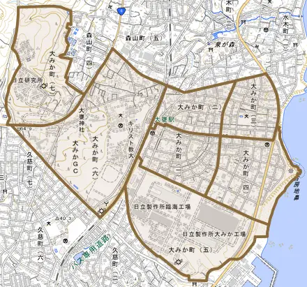 大みか町とその周辺の地図。町の範囲を重ねている