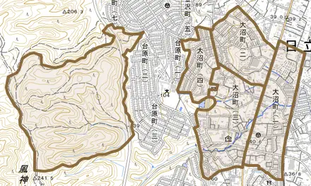 大沼町とその周辺の地図。町の範囲を重ねている