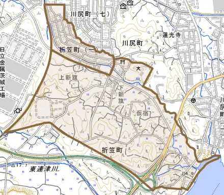折笠町とその周辺の地図。町の範囲を重ねている
