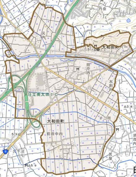 大和田町とその周辺の地図。町の範囲を重ねている