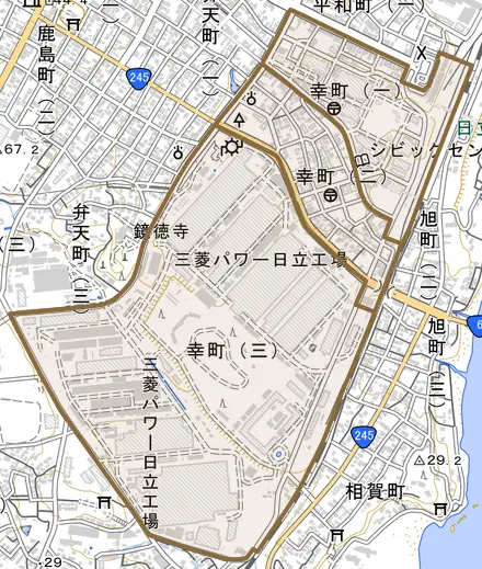 幸町とその周辺の地図。町の範囲を重ねている