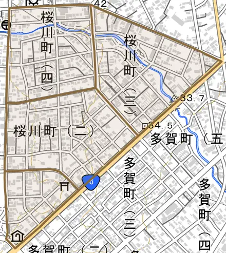 桜川町とその周辺の地図。町の範囲を重ねている
