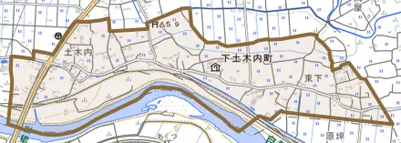 下土木内町とその周辺の地図。町の範囲を重ねている