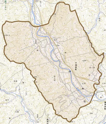 下深荻町とその周辺の地図。町の範囲を重ねている