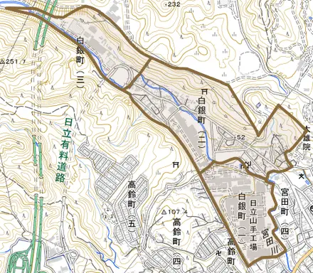 白銀町とその周辺の地図。町の範囲を重ねている