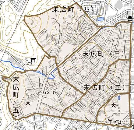 末広町とその周辺の地図。町の範囲を重ねている