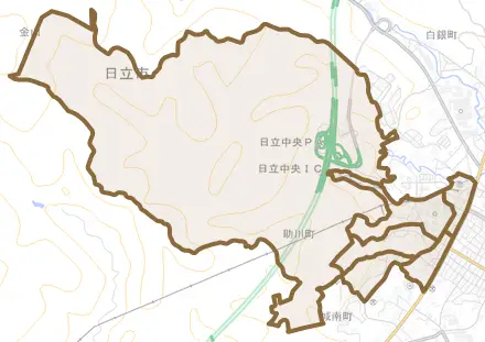 助川町とその周辺の地図。町の範囲を重ねている