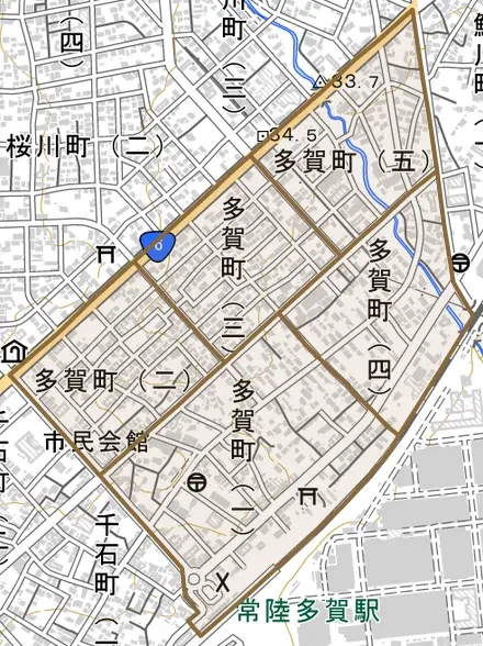 多賀町とその周辺の地図。町の範囲を重ねている