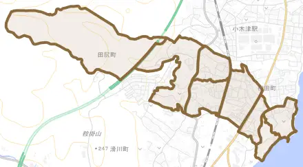 田尻町とその周辺の地図。町の範囲を重ねている