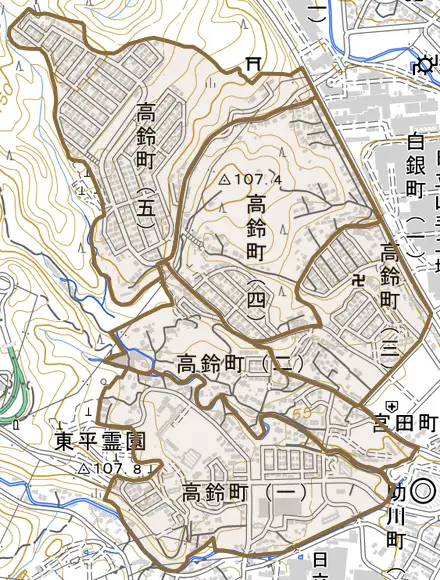 高鈴町とその周辺の地図。町の範囲を重ねている