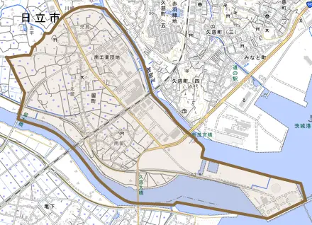留町とその周辺の地図。町の範囲を重ねている