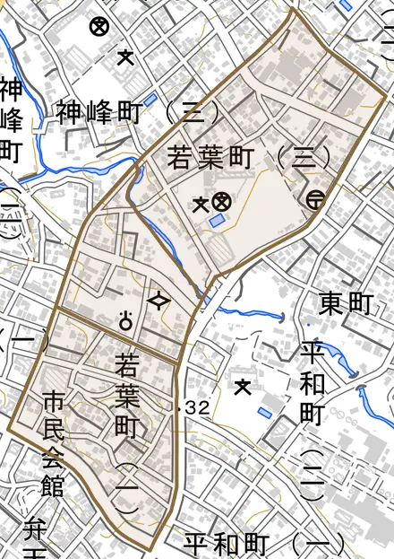 若葉町とその周辺の地図。町の範囲を重ねている